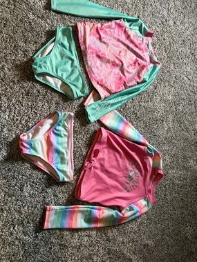 Nautica Girls Pink & Mint Rashguard Swimsuit Set with Rainbow Stripes 4T